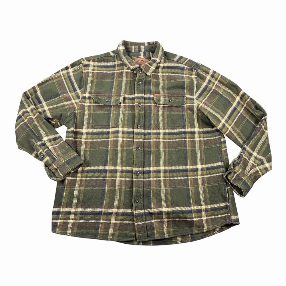 Orvis Shirt Mens Sz XXL Green Brown Plaid Heavy Weight Flannel Shacket Button Up